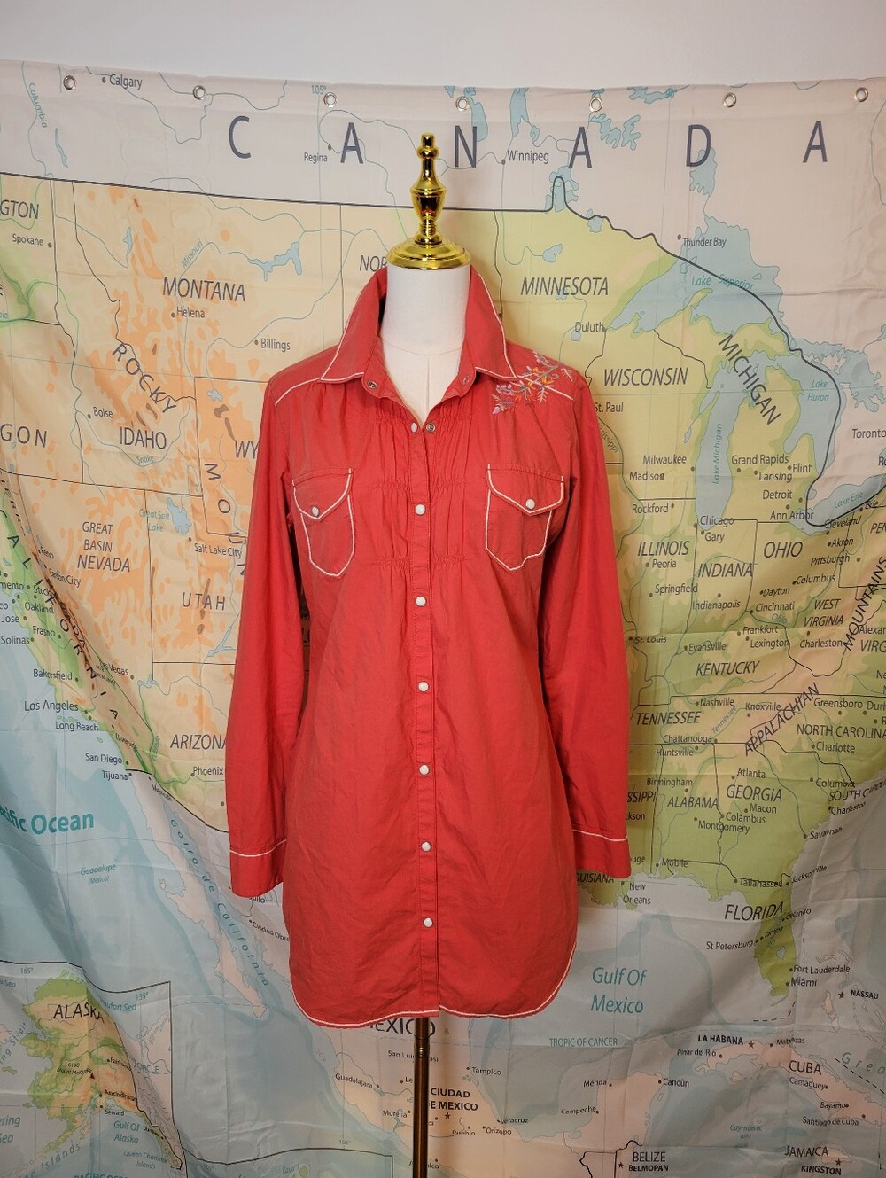Ryan Michael Coral Western Snap Shirt Dress with Embroidered Yoke Pearl Snaps